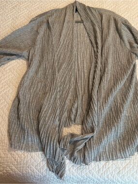 Eileen Fisher Open Front Silver Gray Crinkle-knit Waterfall 3/4 Sleeve Cardigan